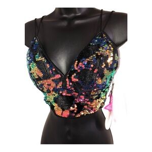 Sexy Cropped padded mermaid sequin‎ v-neck velvet bustier top. size XS new